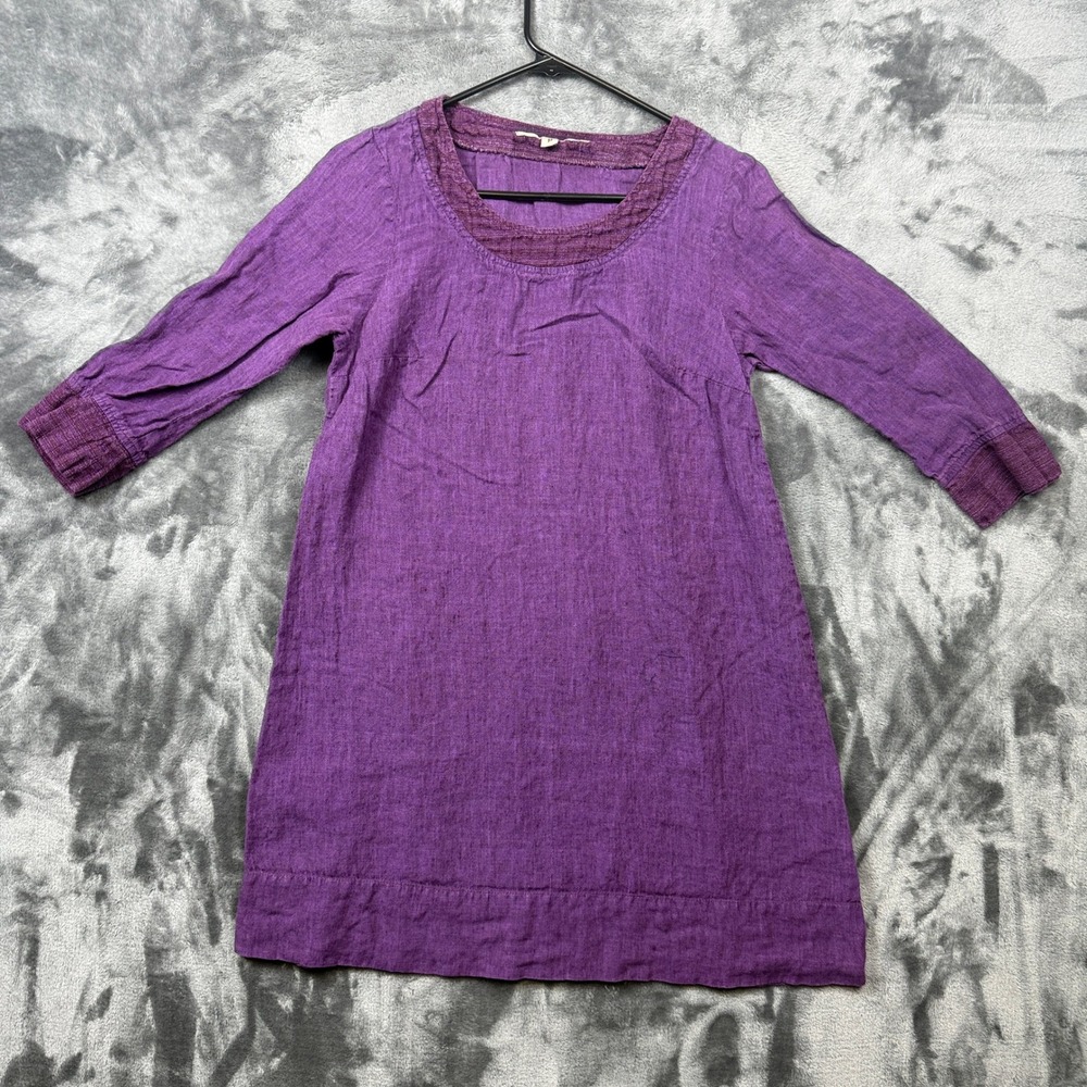 Flax Tunic Top Womens P Purple Linen 3/4 Sleeve Textured Trim Relaxed Fit